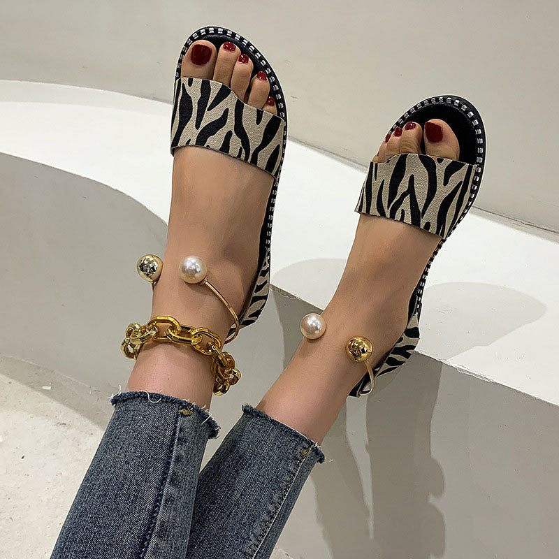 Metal Foot Ring, Pearl And Leopard Print Sandals And Slippers