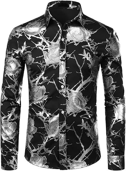 Golden Rose Print Slim Fit Long Sleeve Formal Wear Shirt
