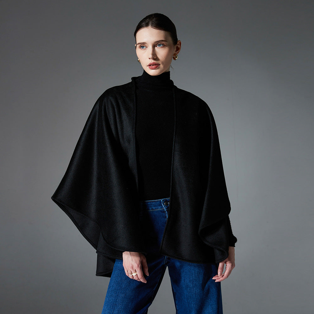 New Double-faced Woolen Goods Black Belt Shawl