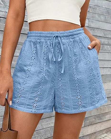 Solid Color Elastic Waist Drawstring Beach Shorts For Women