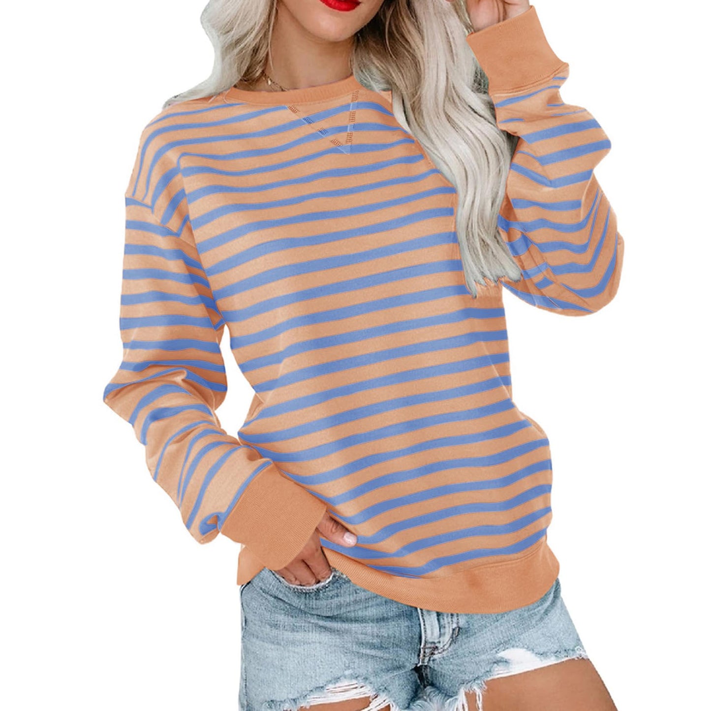 New Striped Color-Blocked Long-Sleeved Casual Crew Neck Sweatshirt
