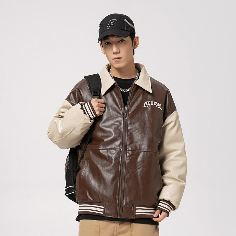 American-style Retro Street Letters Embroidered PU Leather Cotton Jacket For Men