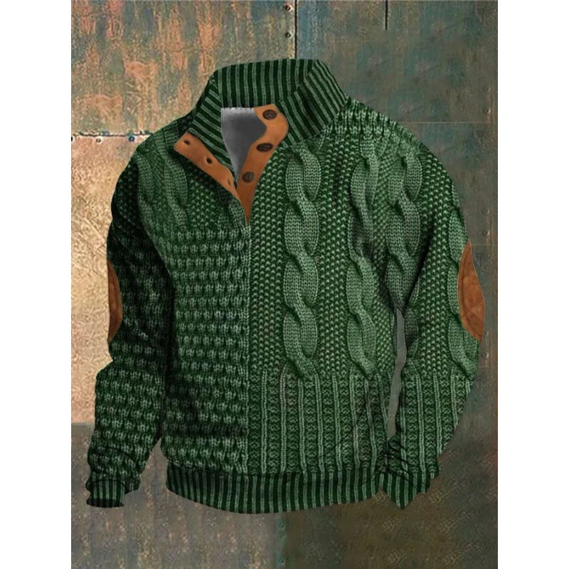 Digital Printing Stand Collar Men's Street Trend Buckle Polo Sweater 3D
