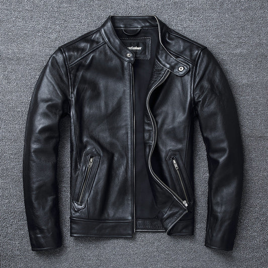 Men's Stand Collar Retro First Layer Cowhide Coat Jacket