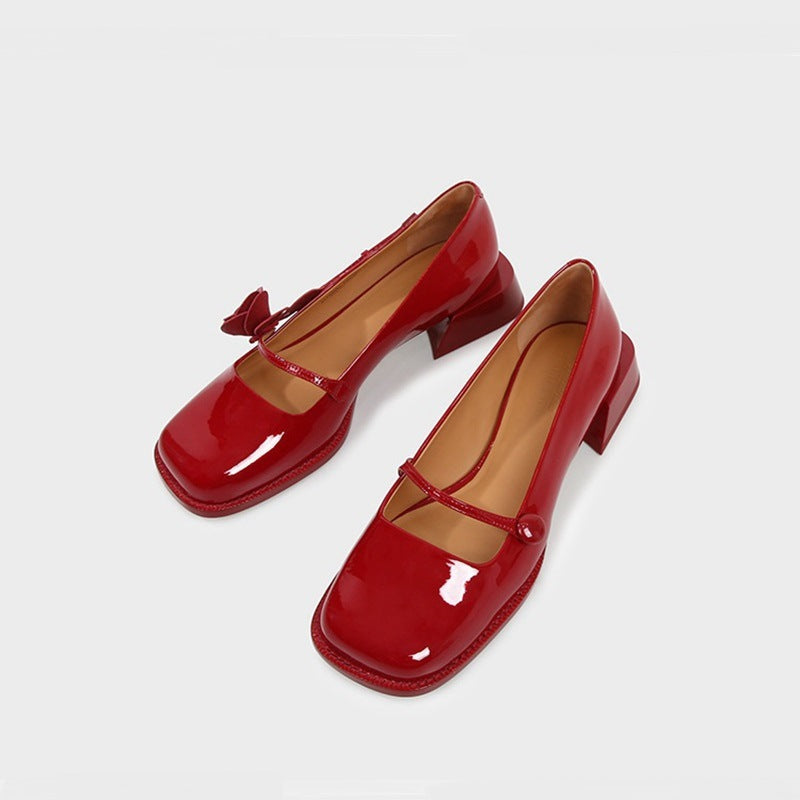 Women's Low Heel Square Toe Vintage Patent Leather Shoes