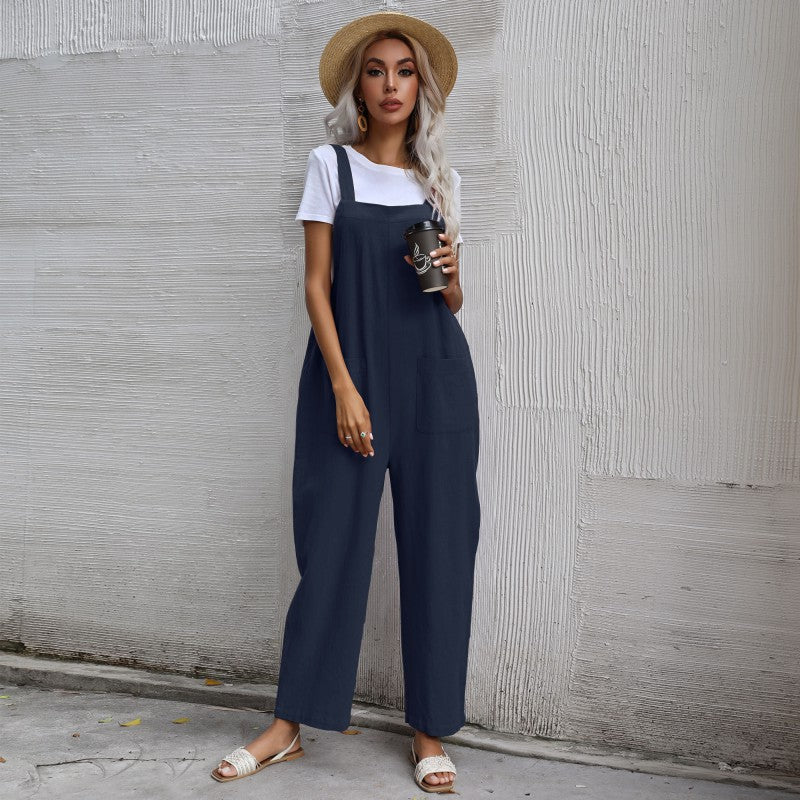 European And American Style Casual Simple Pocketed Sleeveless Suspender Jumpsuit