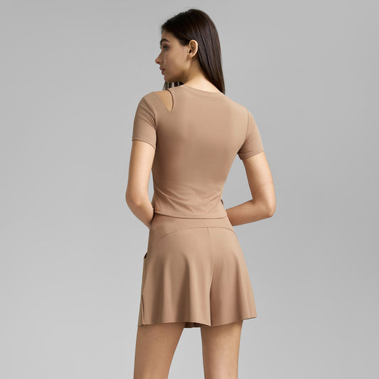 Womens One-Shoulder Hollow-Out Sexy Short-Sleeve Top And Culotte Set