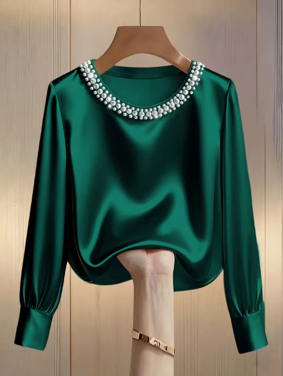 Simple Solid-Color Fashionable Beaded Crew-Neck Long-Sleeve Womens T-Shirt