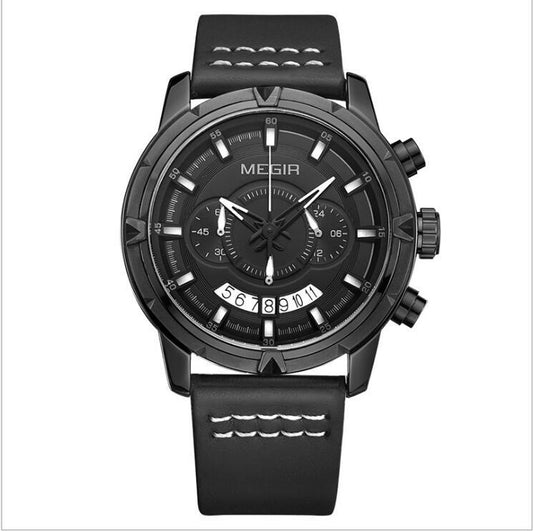 Men Timekeeping Waterproof Multi-functional Leather Quartz Watch With Large Dial