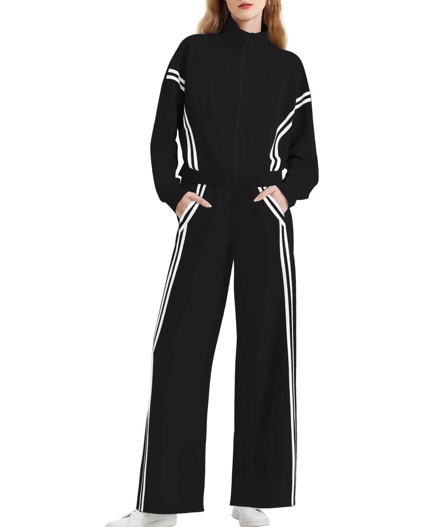 Double Striped Long-sleeve Zipper Pants Pocket Sports Suit