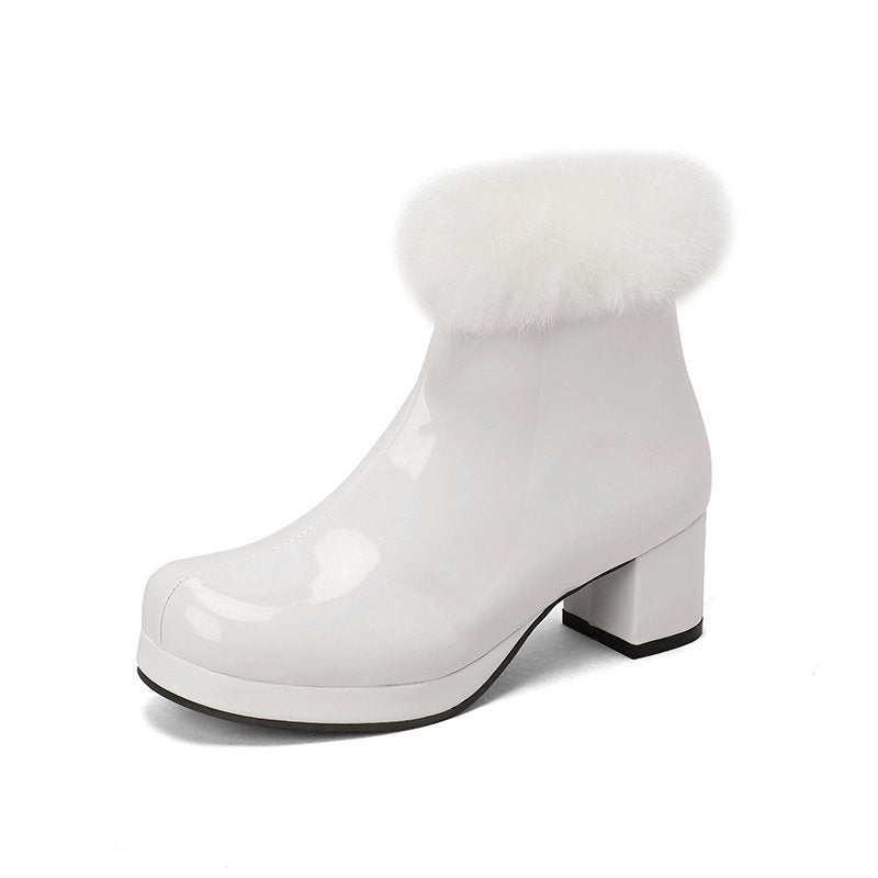 Womens Short Boots For Fall Winter Patent Leather Chunky Heel