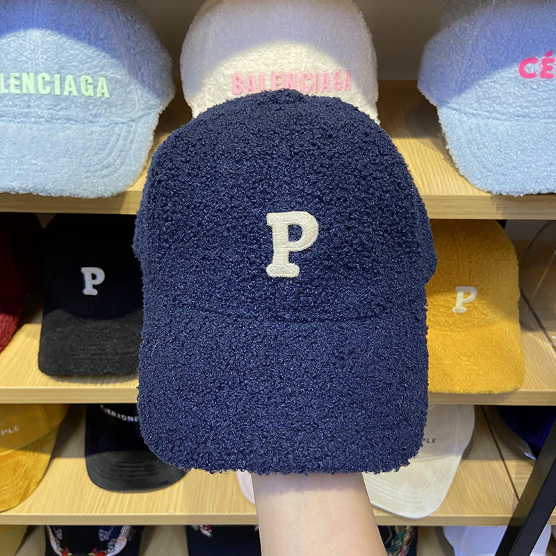 Lamb Hair Letter P Baseball Hat Female