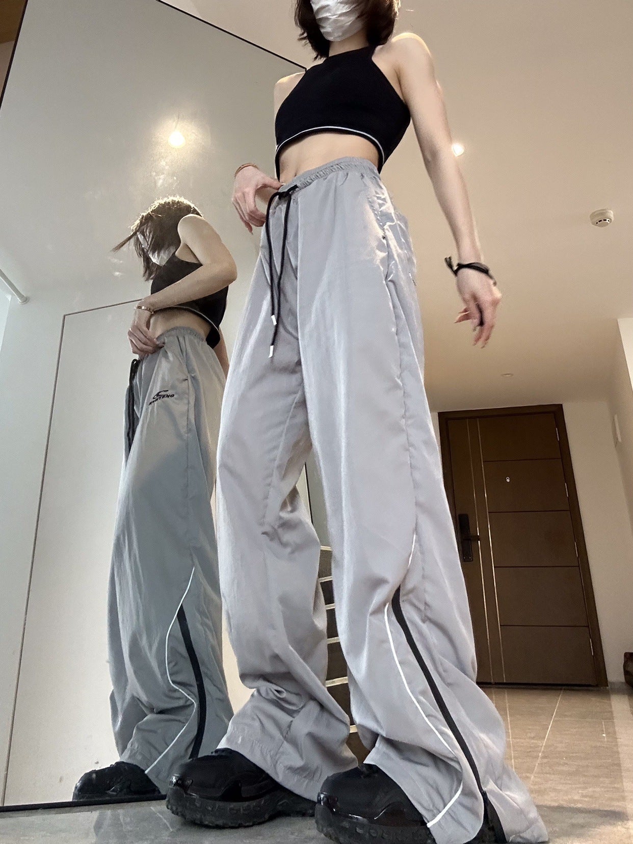 Summer Men's And Women's Loose Striped Drawstring Wide Leg Mop Pants