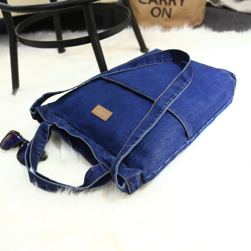 Retro skuldertaske i kanvas og denim til shopping