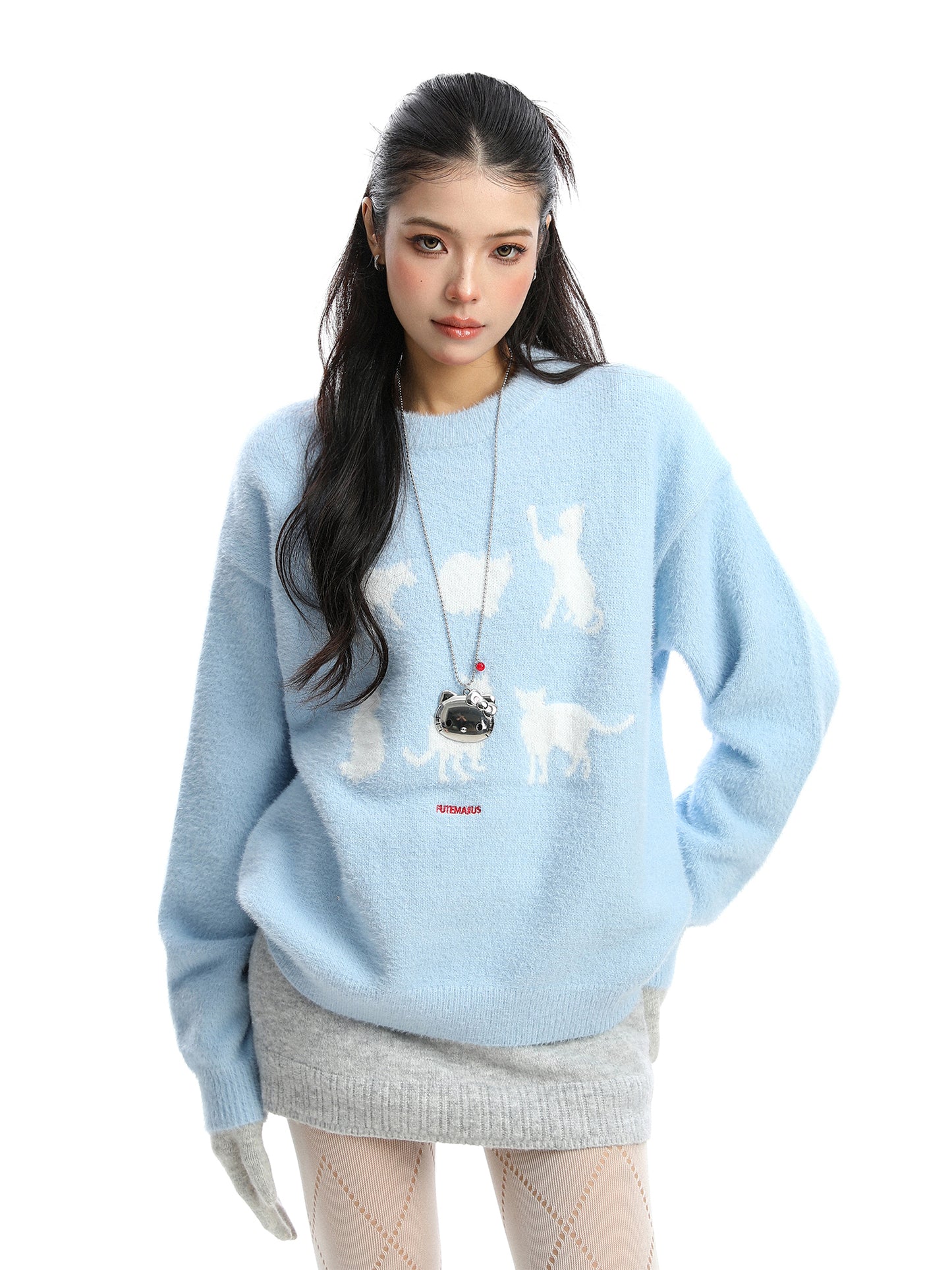 Korean Cat Jacquard Soft Round Neck Sweater