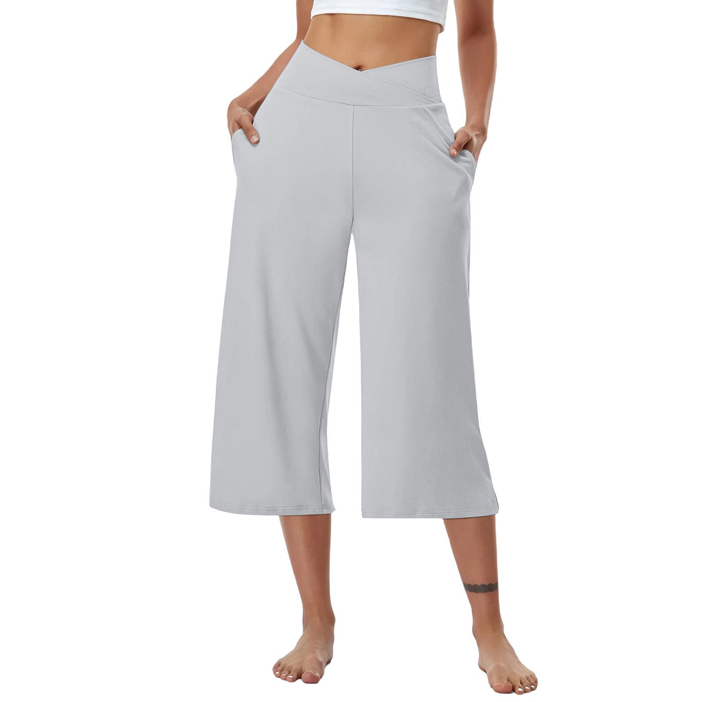 High-Waist Butt-Lifting V-Shaped Waist Wide-Leg Fitness Running Cropped Pants