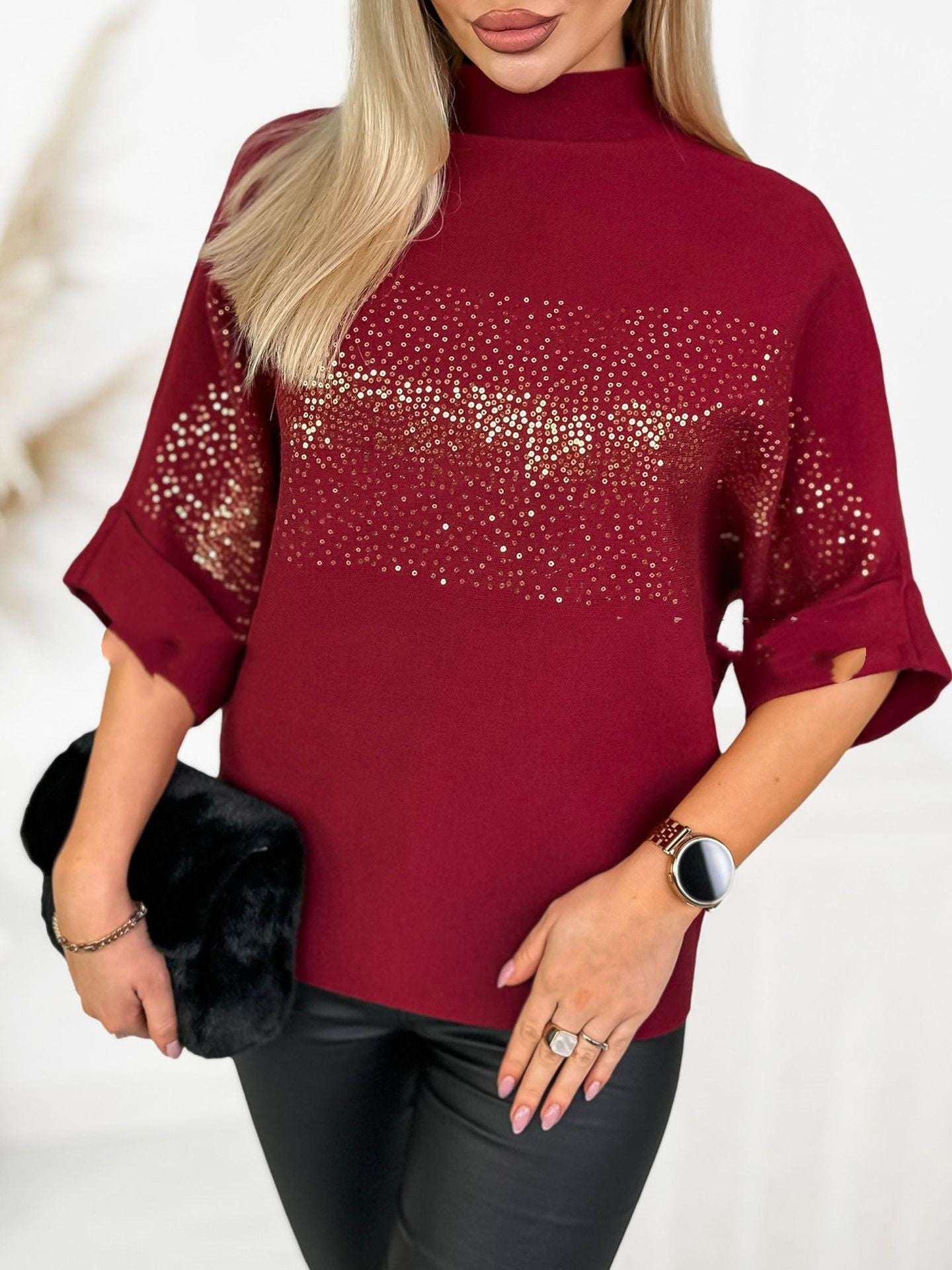 Sequin Solid-color High-neck Fashion Top Shirt