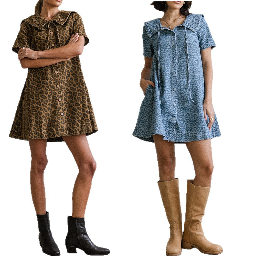 Casual Leopard-Print Slimming Denim Dress