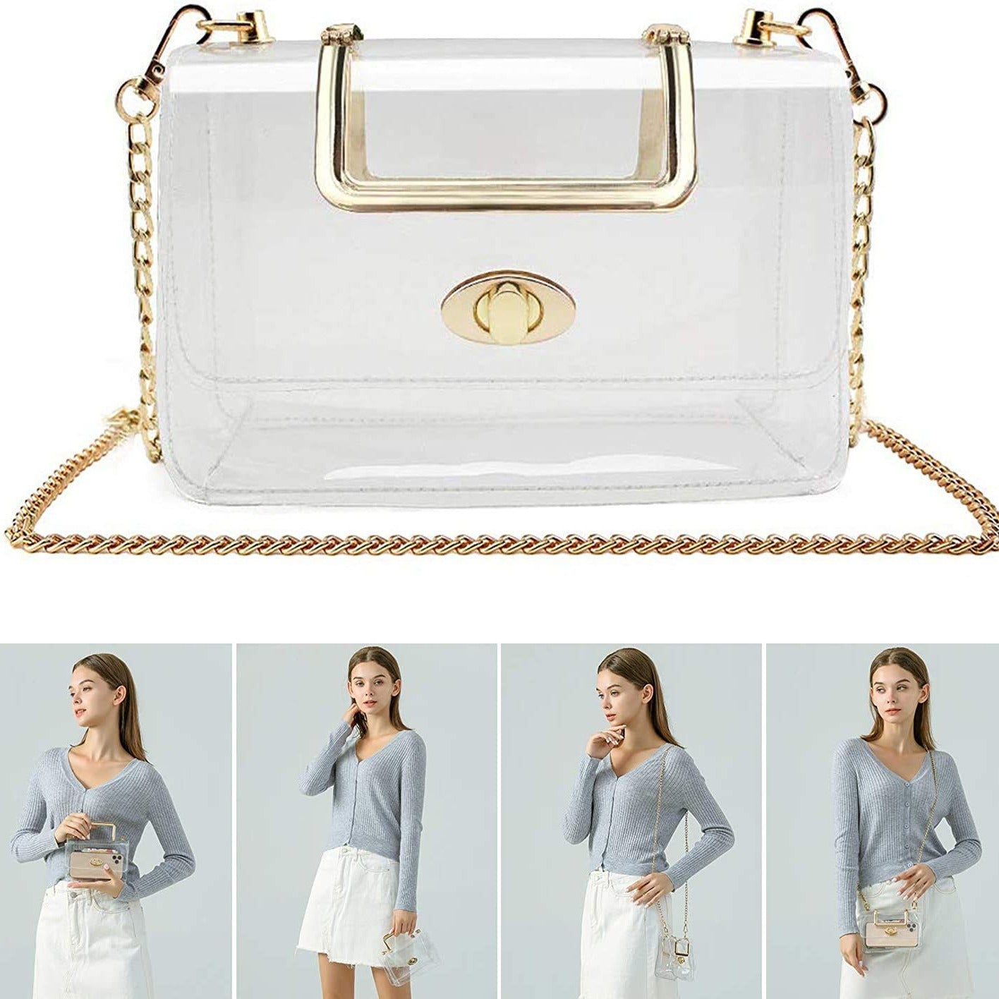 Women's Transparent Clutch Crossbody Bag One-shoulder Gold Metallic Belt