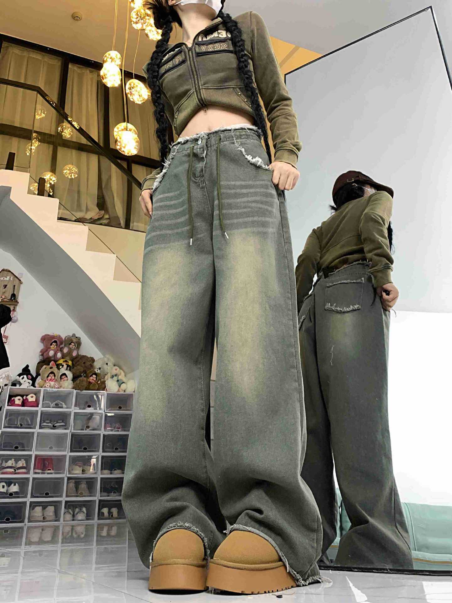 Washed Frayed Hem Casual Wide Leg Denim Pants