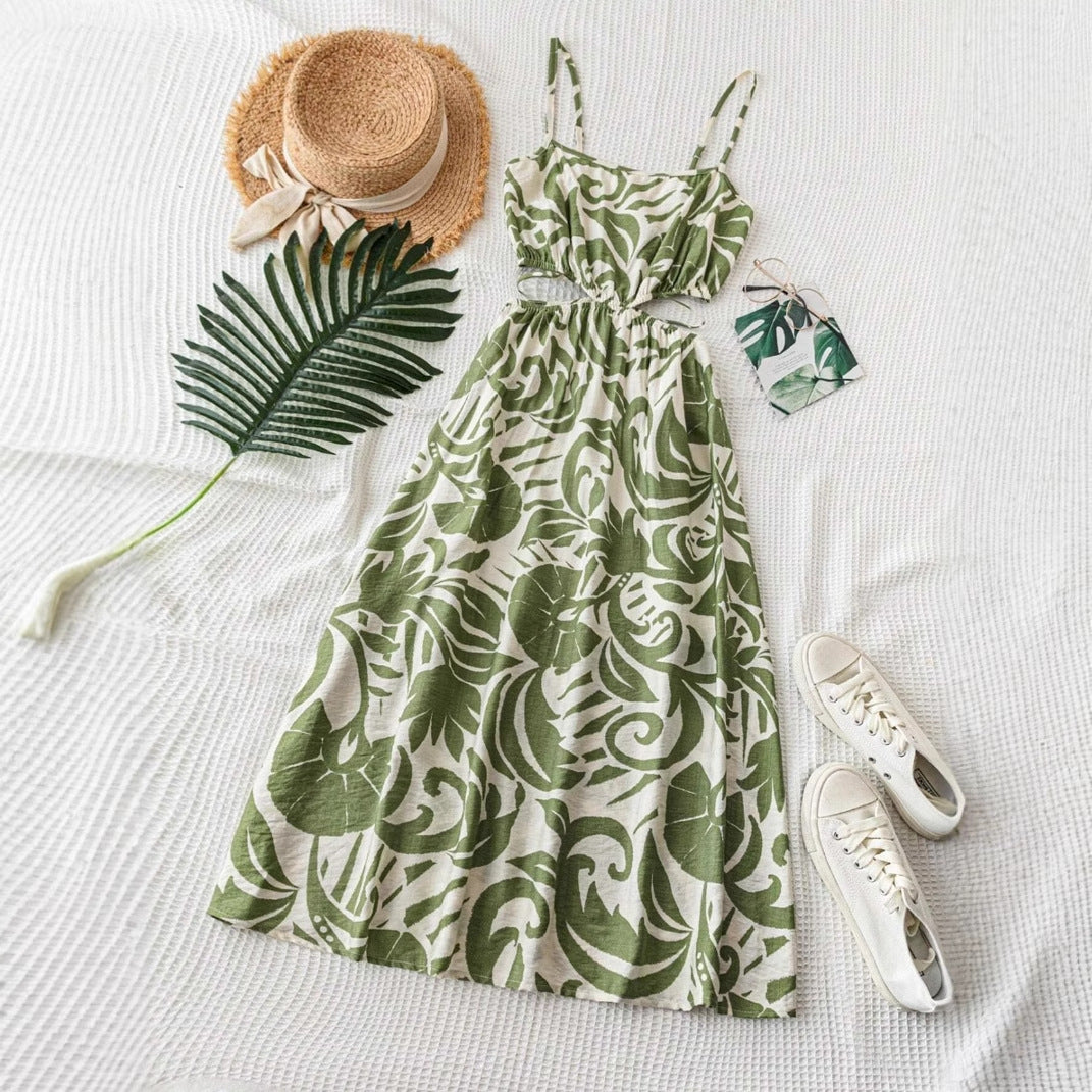 Green Floral Maxi Slip Dress With Hollow-out Design