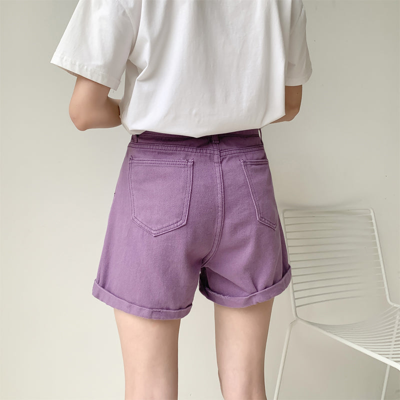 Purple Ripped Denim Shorts Women's High Waist Loose A- Line Wide Leg Pants
