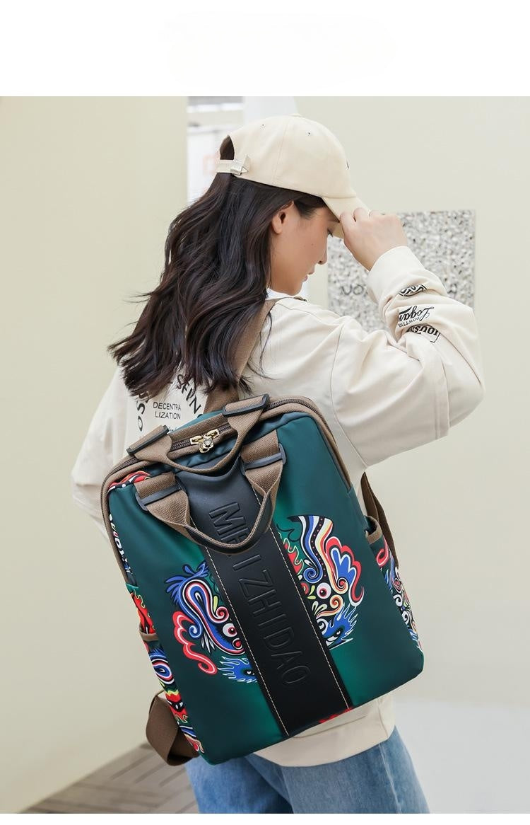 Retro Printed Wear-resistant Splash Proof Large Capacity Stitching Backpack For Women