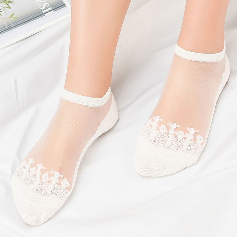 Thin Sheer Lace-trimmed Crystal Jacquard Ankle Socks