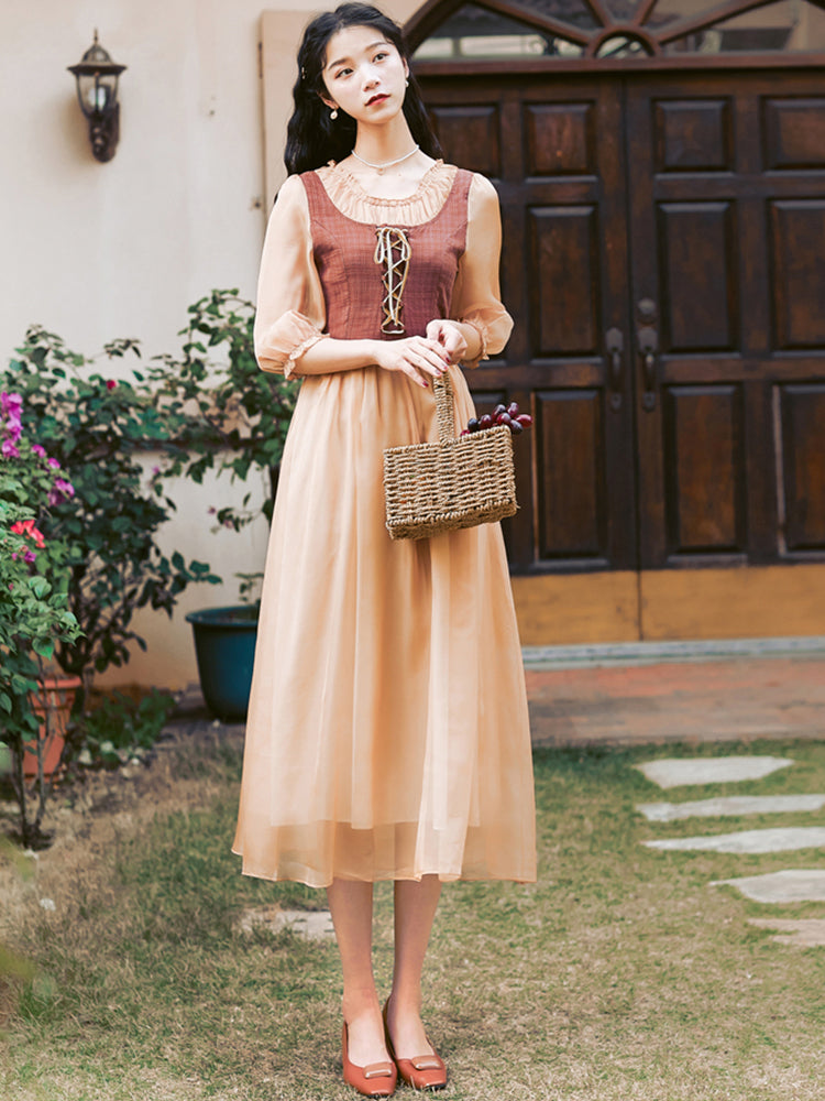 Lace Up Drawstring Fake Two-piece Dress For Women