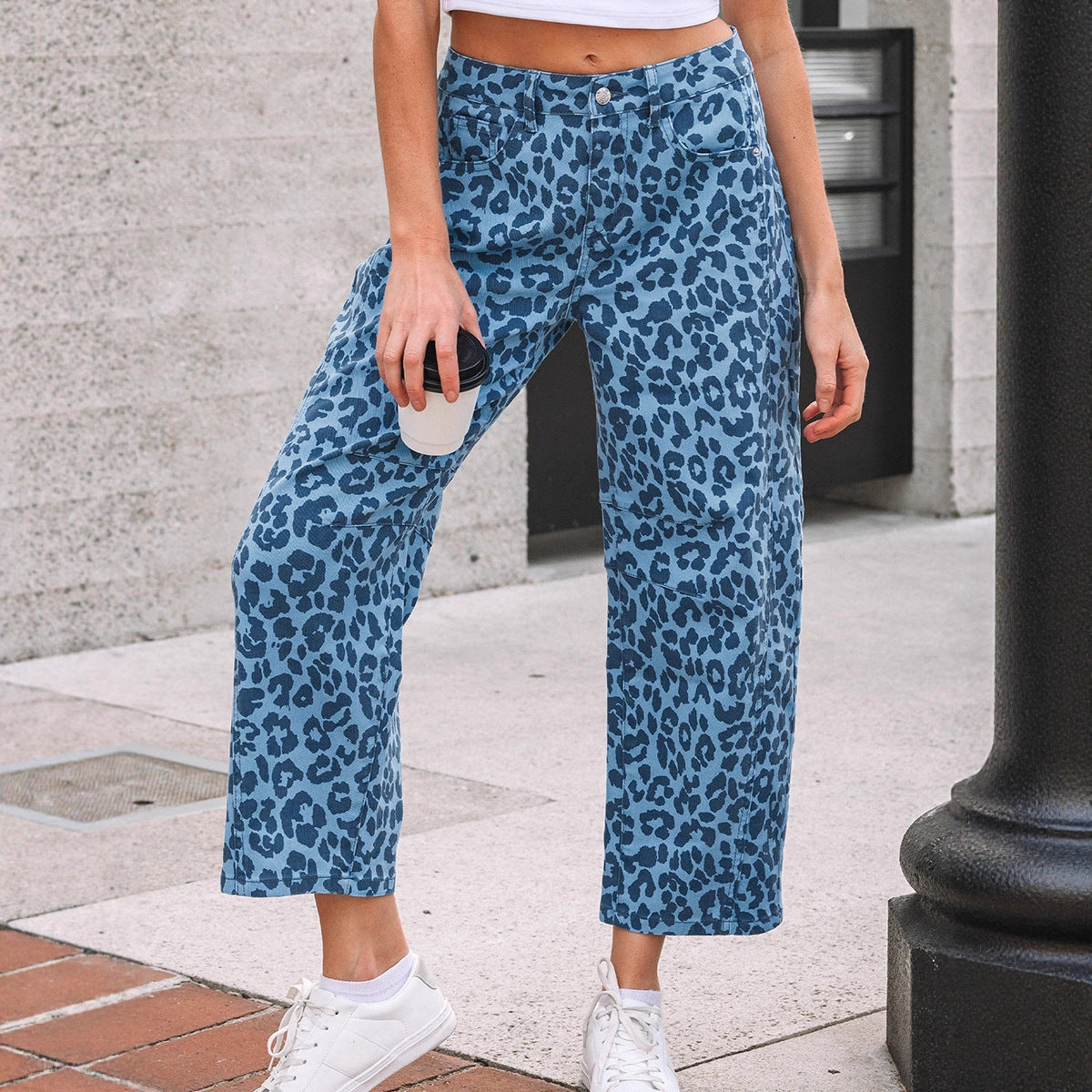 New High-waisted Trendy Leopard Print Straight-leg Pants