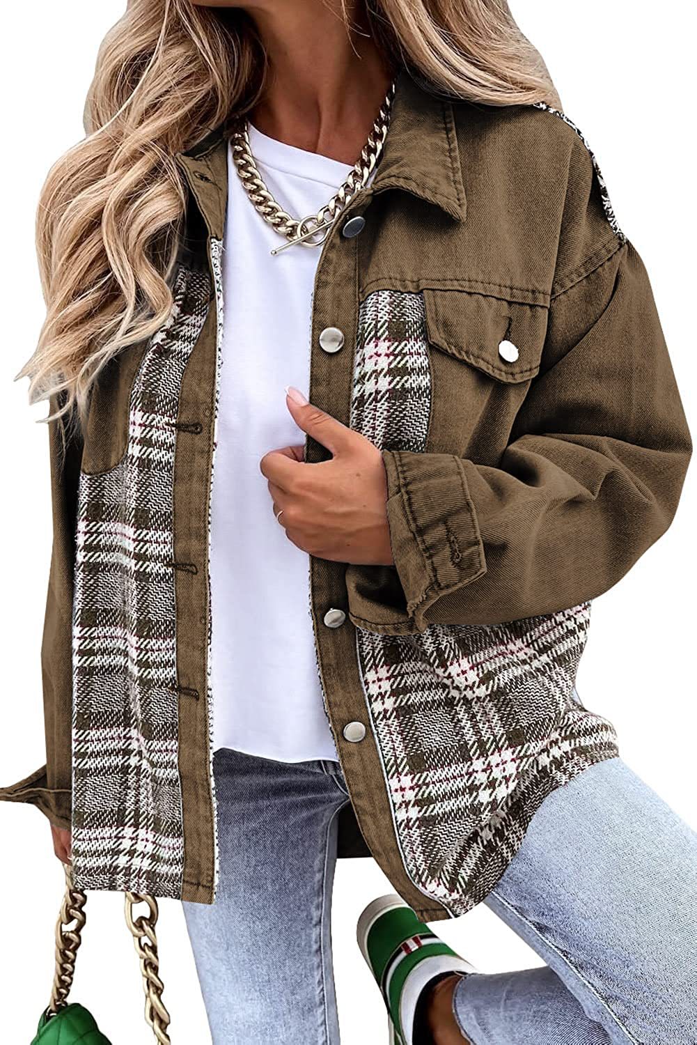 Denim Jacket Long Sleeve Plaid Button Down Shirt