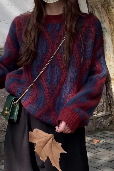 Rhombus Contrast Color Pullover Heavy Industry Sweater For Women