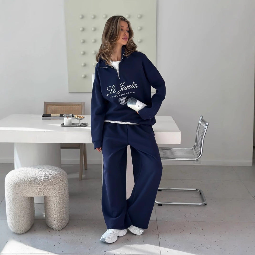 Broderet sweater til kvinder, hvid profilkostume med halv lynlås