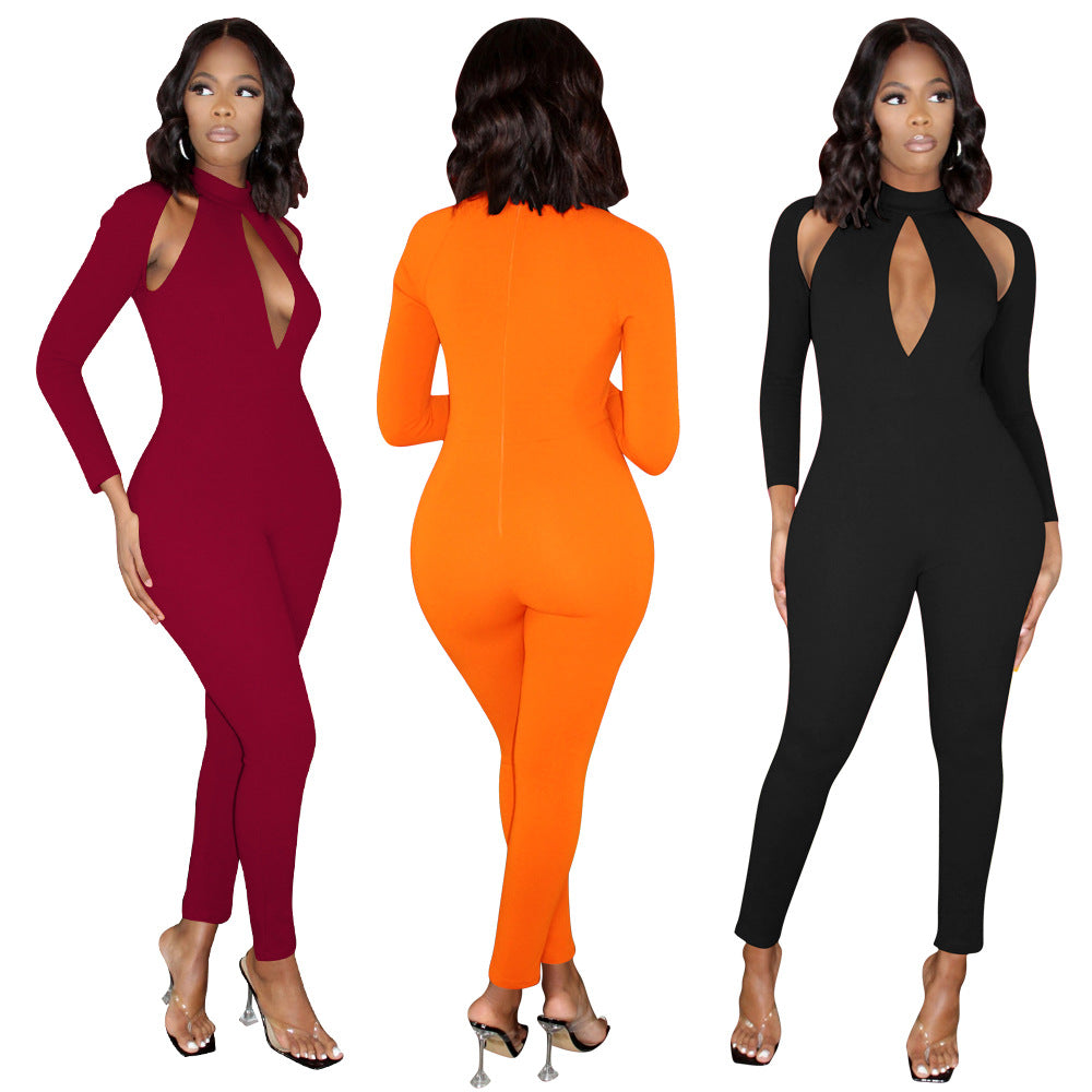 Women's Solid Color Long-sleeved Invisible Cut-out Jumpsuit