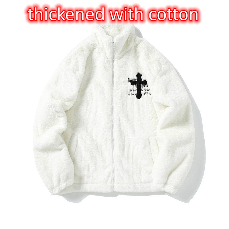 Men's Hip Hop Letter Embroidered  Rabbit Fur Jacket