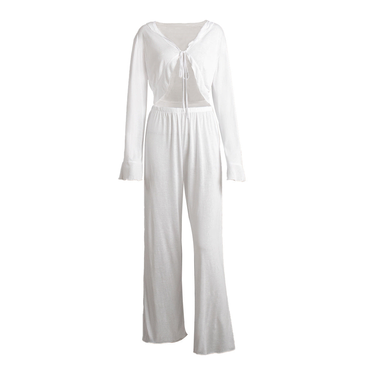 Womens Lace-Up Long-Sleeve Top And Pants Pajama Set