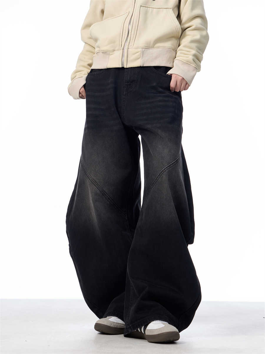 Retro Sorte Jeans til Kvinder, Løse Bukser med Lige Vide Ben