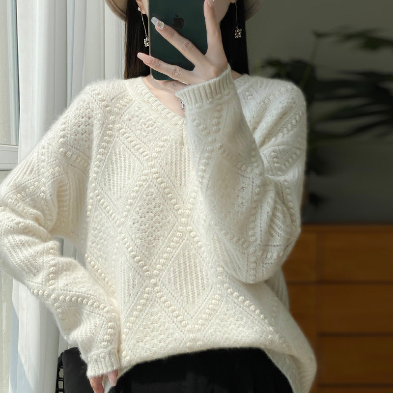 Autumn And Winter New Thickened V-neck Sweater Diamond Twisted Loose