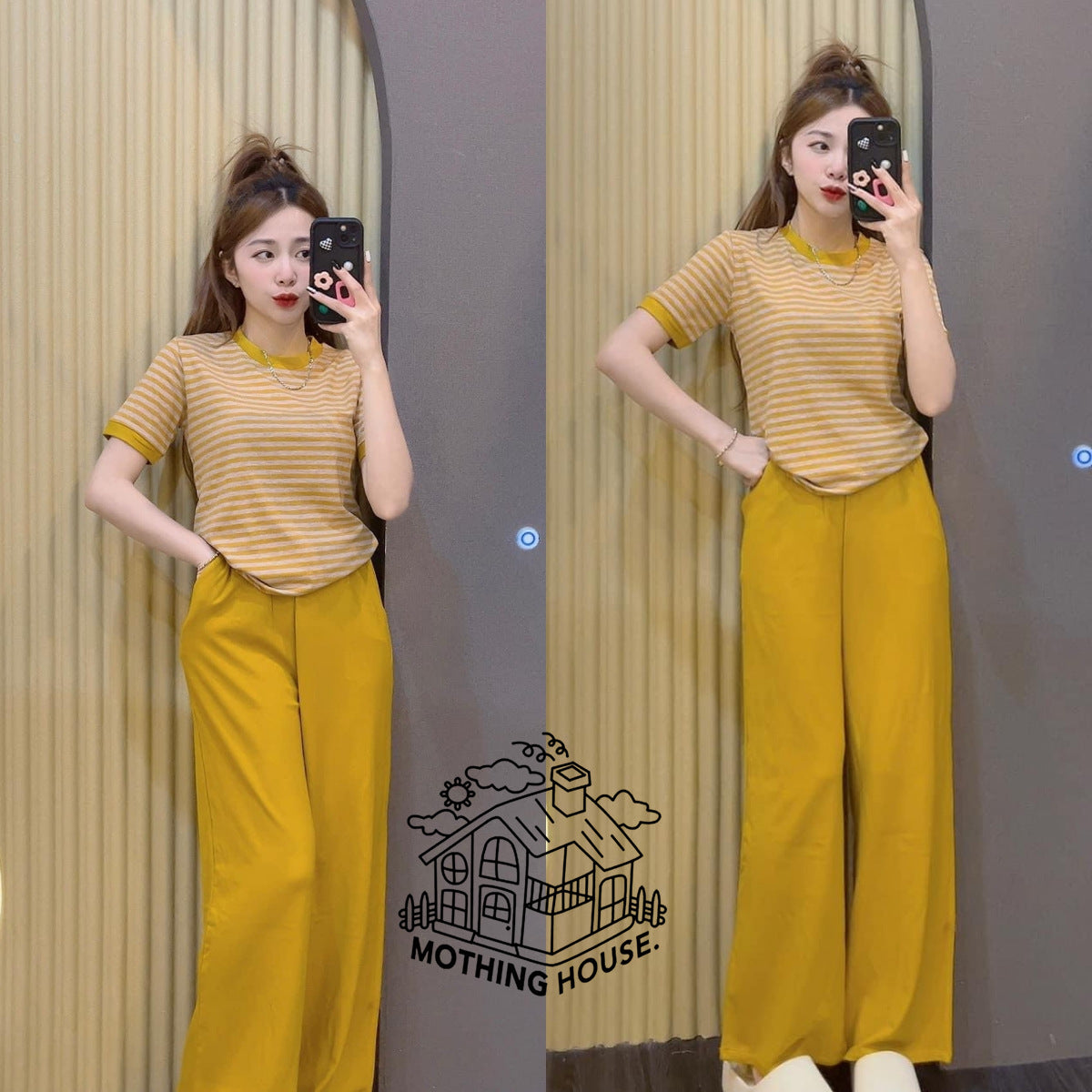 Casual Striped Top With Wide-leg Pants Two-piece Set