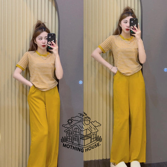 Casual Striped Top With Wide-leg Pants Two-piece Set