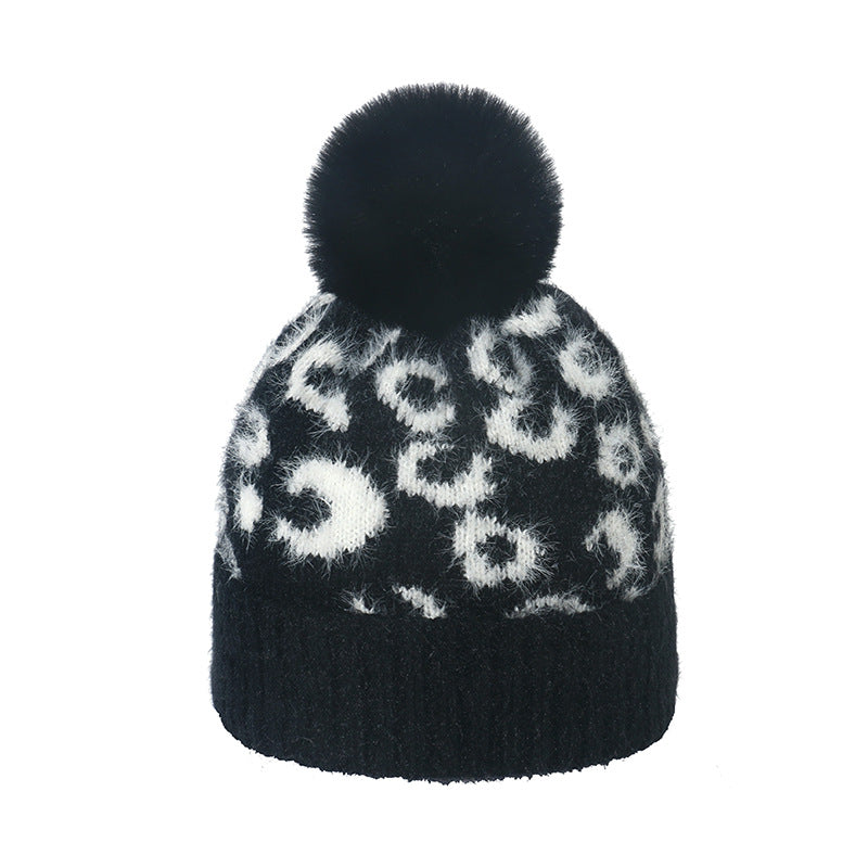 Wool Korean All-match Warm Mink Fur Sleeve Ball Leopard Print Knitted Hat
