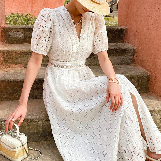 Short-sleeve Hollow-out Embroidered Slim-fit Midi Dress