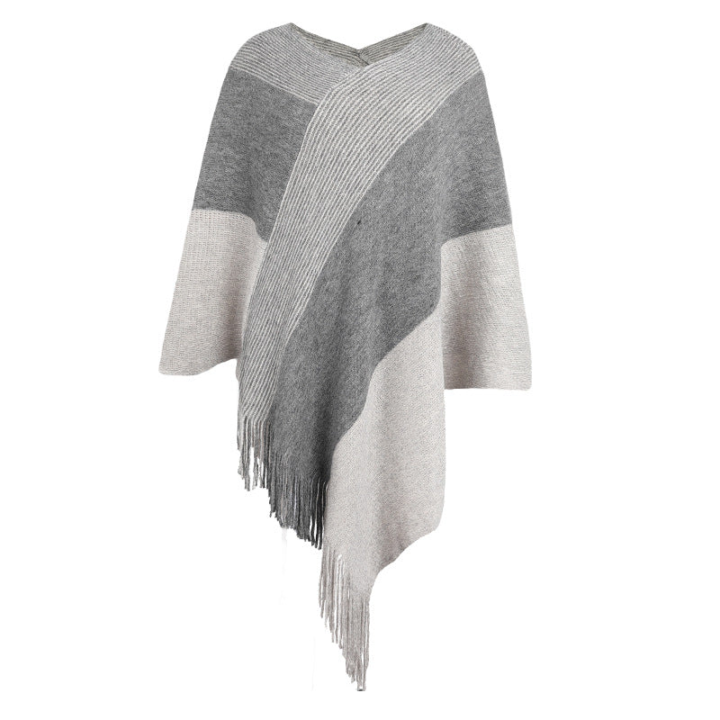 Contrasting Color Cloak Shawl Sweater Coat