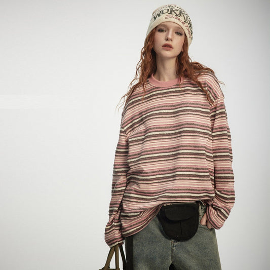 Stribet langærmet T-shirt Trendy Pullover Top til Mænd og Kvinder