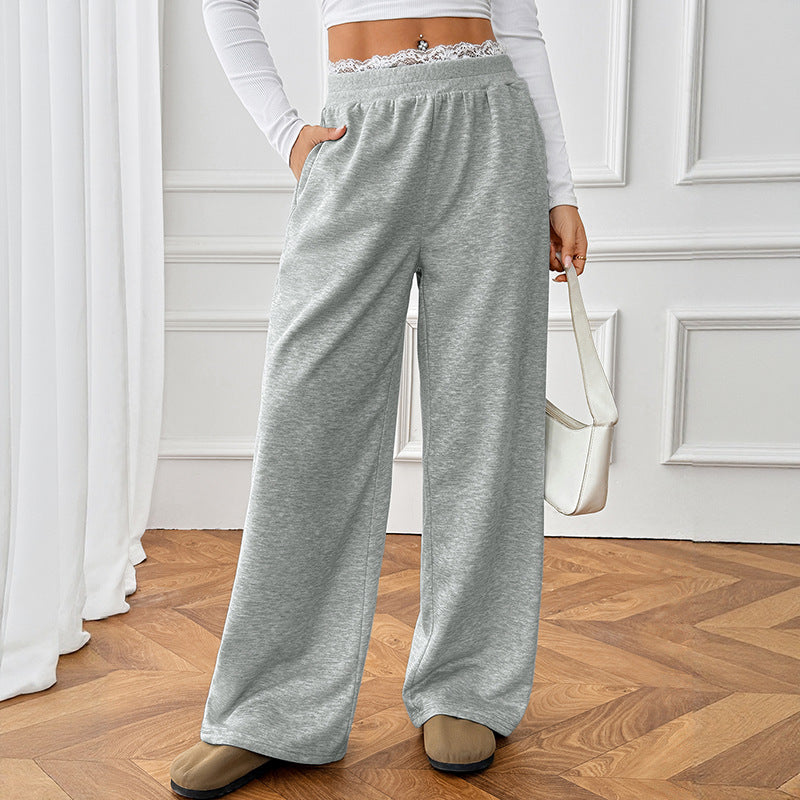 Lace Stitching Fake Two Pieces Casual Straight Trousers Women