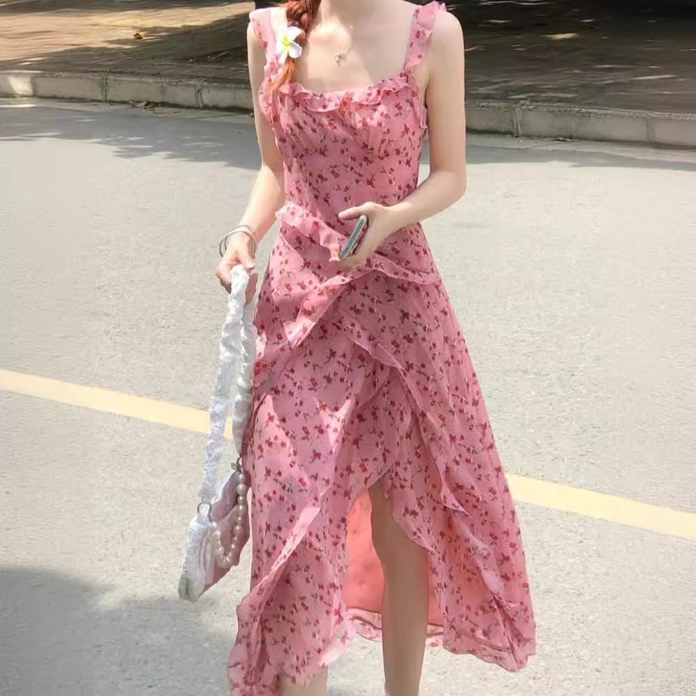 Womens Elegant Printed Slimming Slit Slip Dress