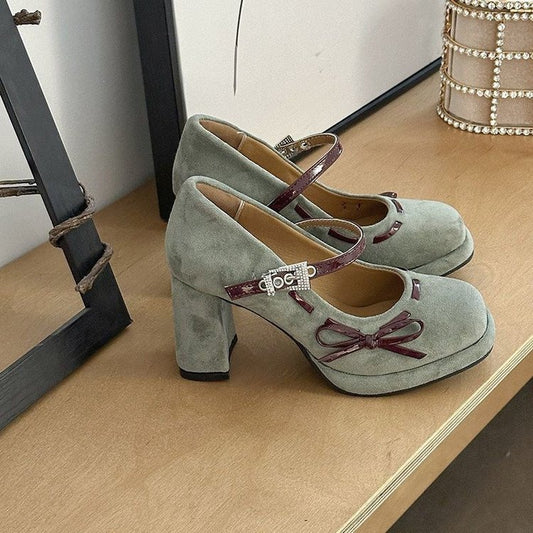 Women's Retro Bowtie Chunky Heel High Heels