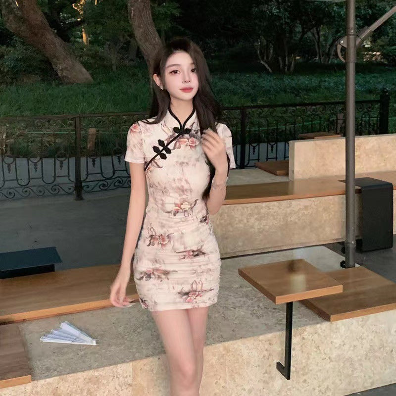 Printed Cinched-waist Slimming Short Chinese-style Dress