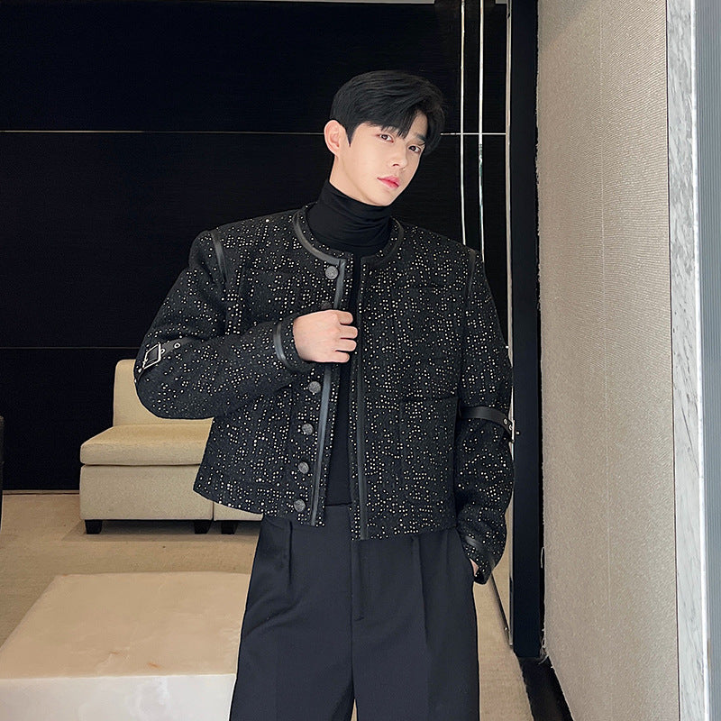 Detachable Leather Loop Sequins Leather Patchwork Classic Style Coat For Men