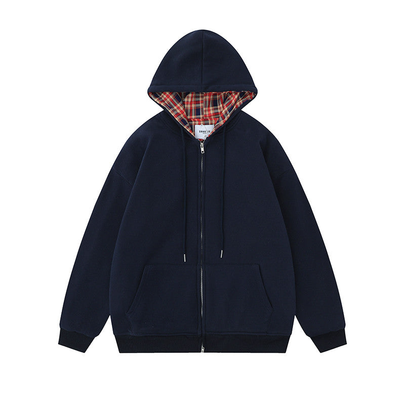 Street Plaid Cardigan Hoodie Loose-fitting Hooded Coat